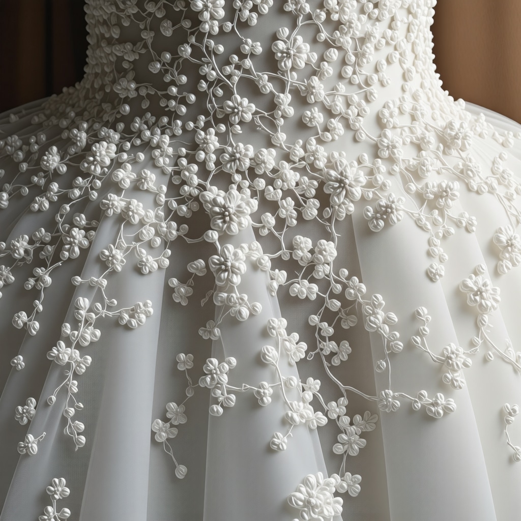 Microscopic image depicting microbial colonies and probiotic treatment on wedding dress fabric