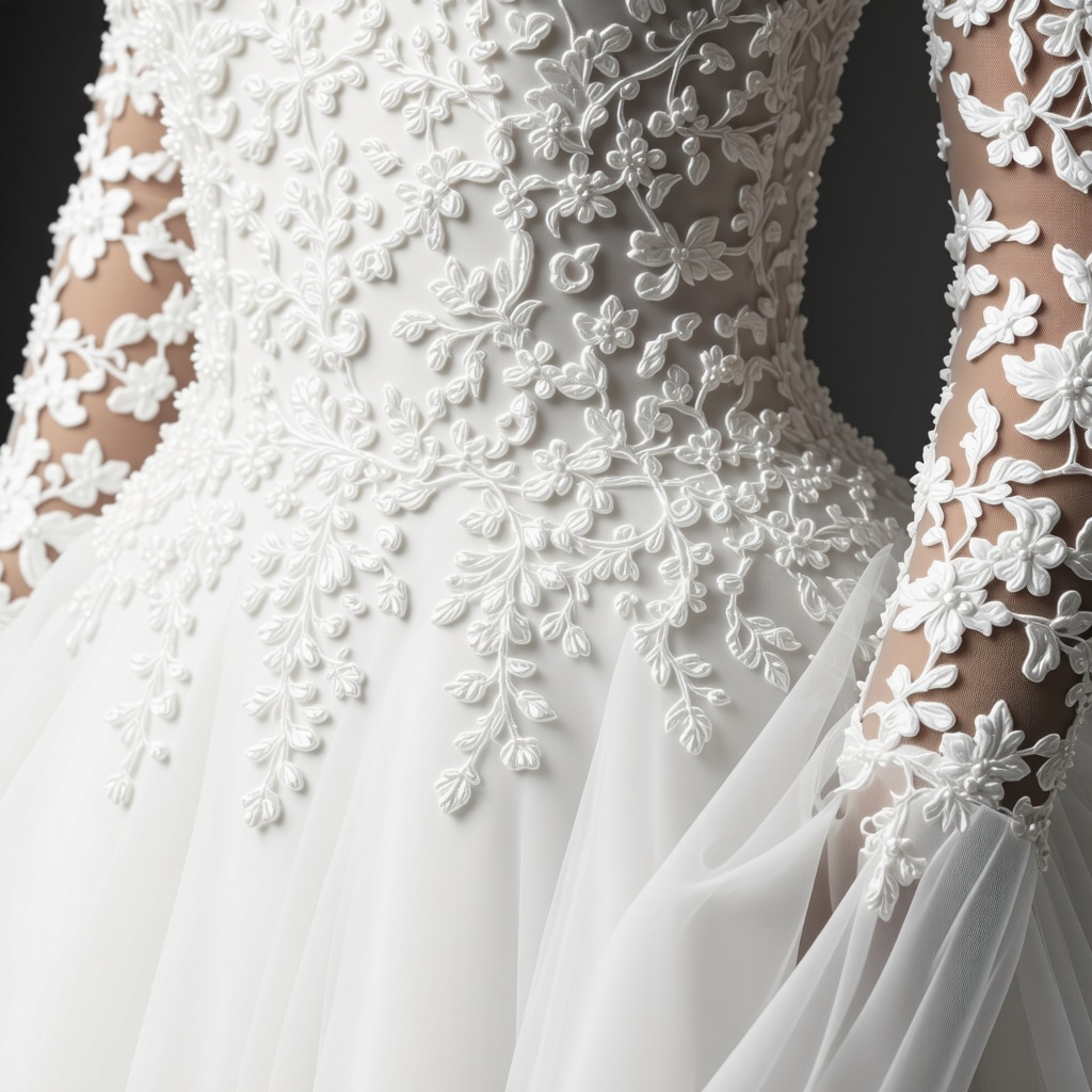 Microscopic image showing wedding dress fabric fibers and protective nanocoating layers