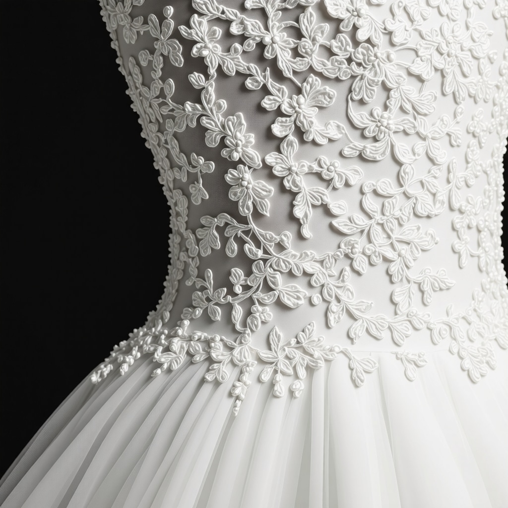 Microscopic view of wedding dress fabric showing fibers and nanotechnology coating for preservation
