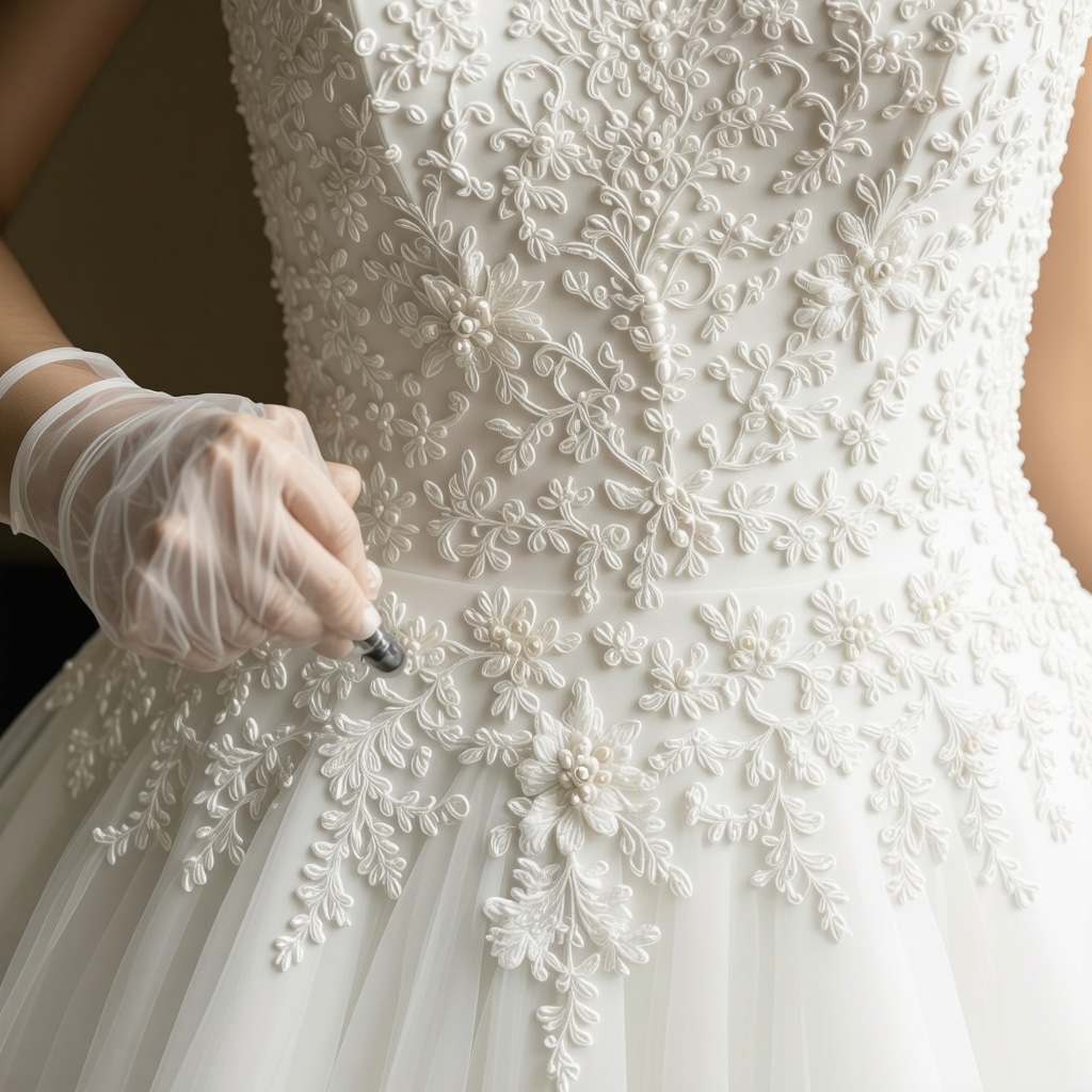 Close-up of wedding dress lace and beadwork being gently steam cleaned with expert care in Tampa