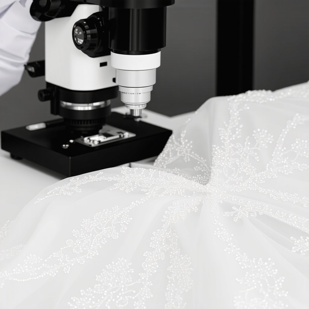 Conservator analyzing wedding dress fabric with Raman spectroscopy and embedded micro-sensors for preservation purposes