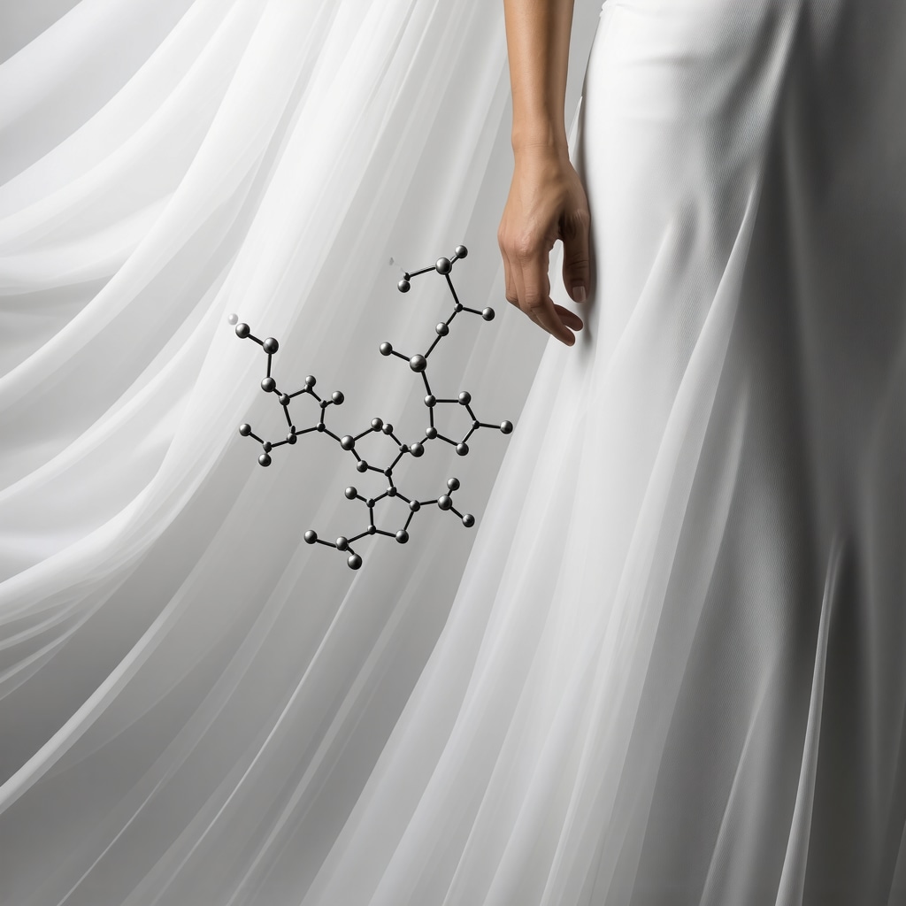 Close-up of wedding dress fabric with molecular structure graphics representing stain removal process
