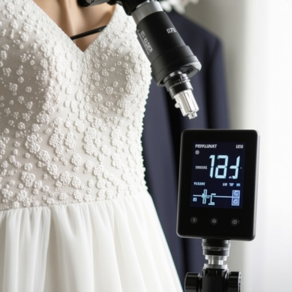 Microscopic view of wedding dress fabric fibers with molecular overlays and a digital hygrometer showing humidity and temperature