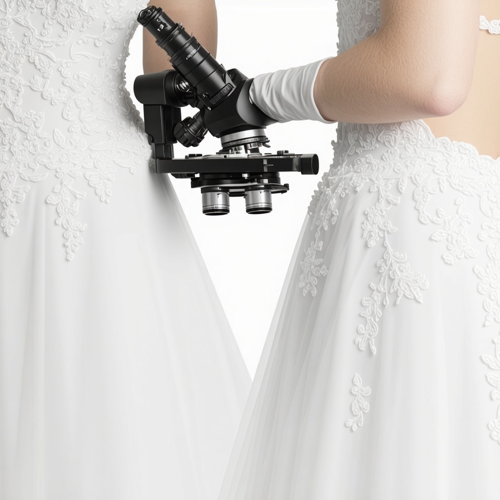 Microscopic view of wedding dress fabric fibers alongside smart sensors for humidity and temperature control
