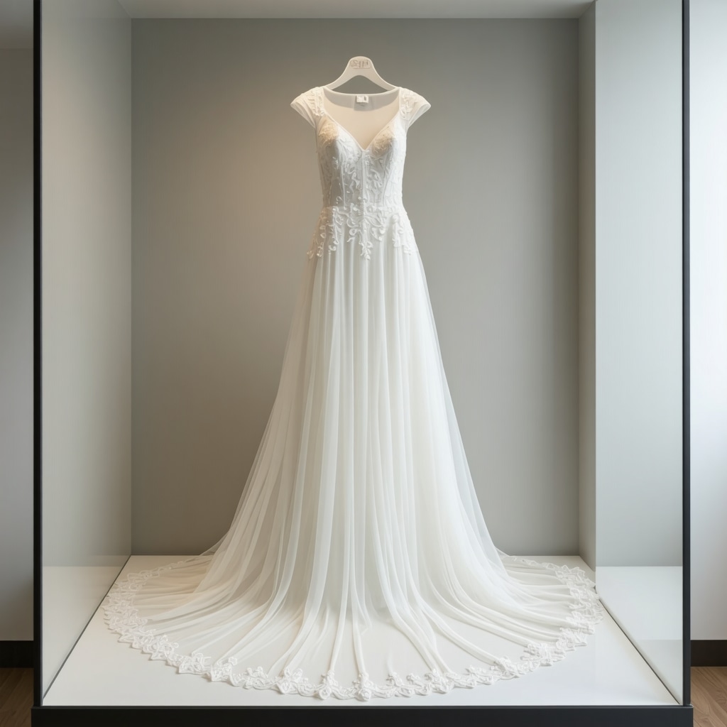 Vintage wedding gown carefully preserved in archival box with conservation materials