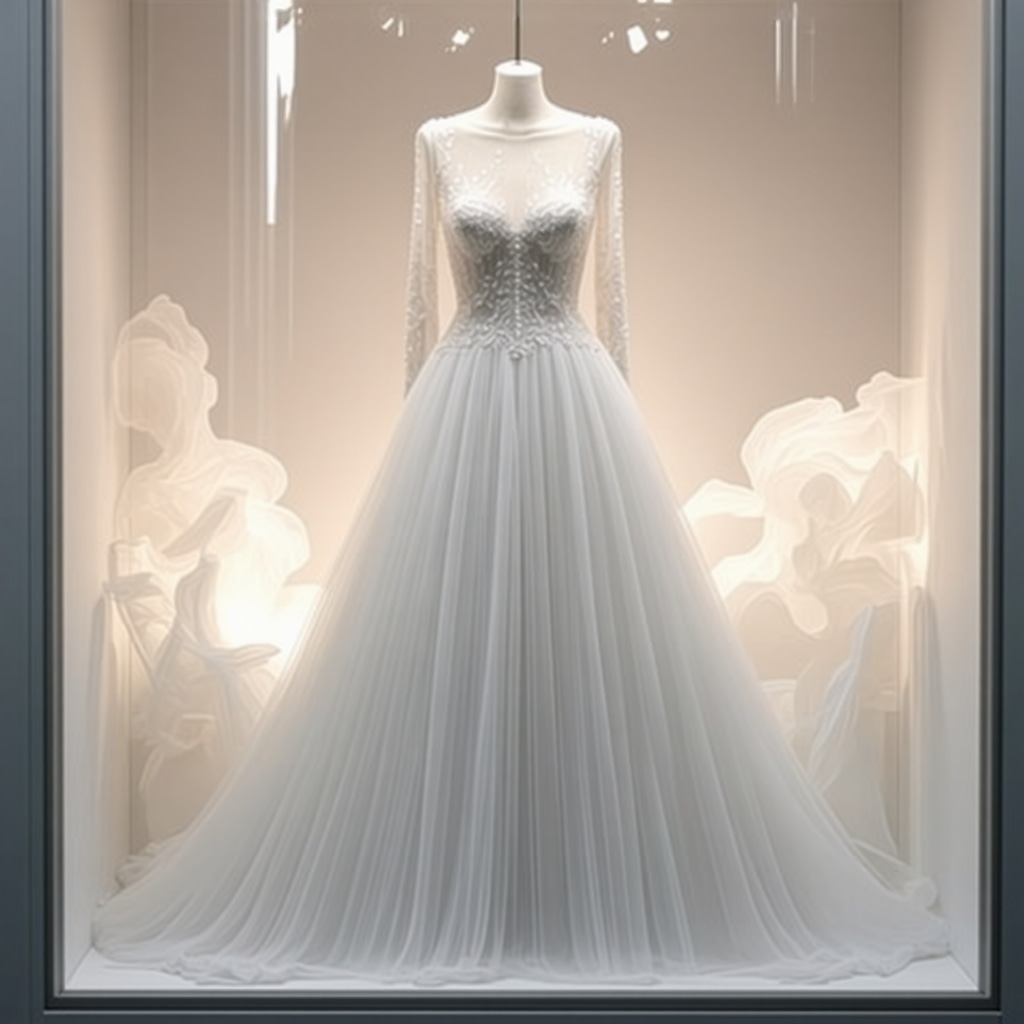 Multi-textured wedding dress preserved in climate-controlled archival box with acid-free tissue paper and humidity controls