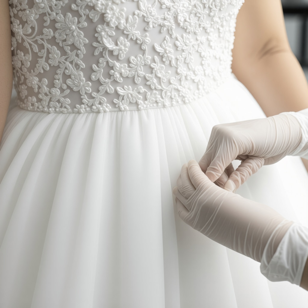 Professional applying nano-coating on delicate wedding dress fabric for advanced protection