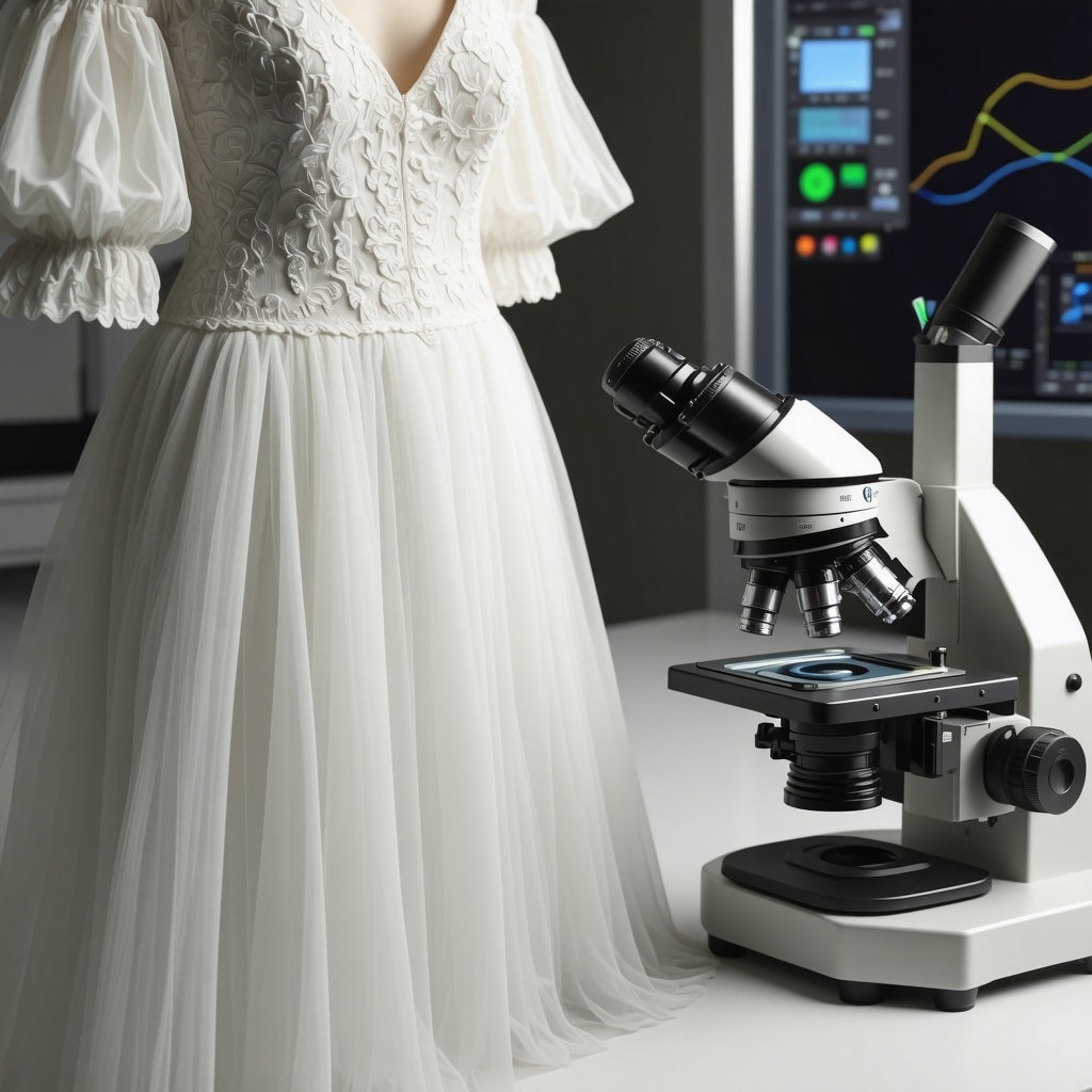 Close-up of vintage wedding dress fibers being treated with nanocoating under microscope in a conservation lab