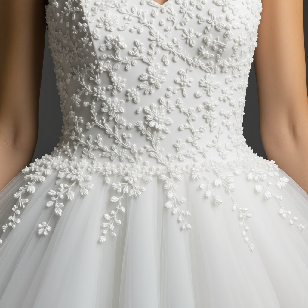 Microscopic view of nanocoating on delicate wedding dress fabric demonstrating molecular protection and breathability