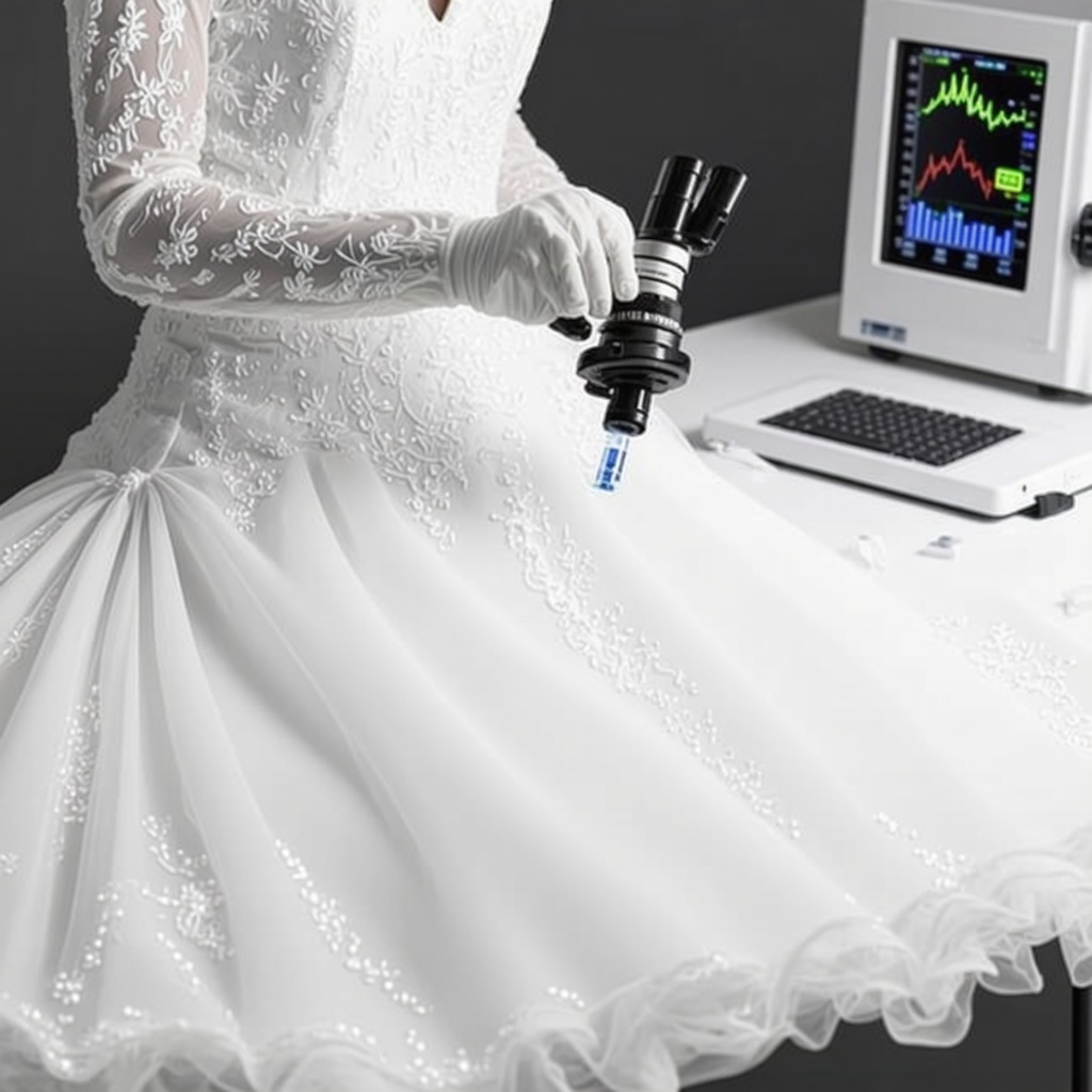 Microscopic view of nanocoatings on wedding dress fabric with digital microclimate monitoring in lab setting