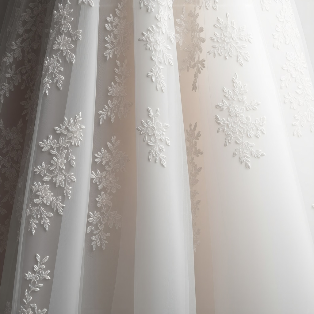 Close-up of silk bridal gown fabric treated with nanotechnology under diagnostic imaging