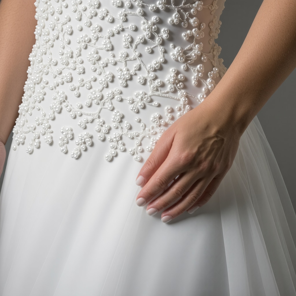 Close-up of wedding dress fabric undergoing nanocoating treatment in Tampa bridal care lab