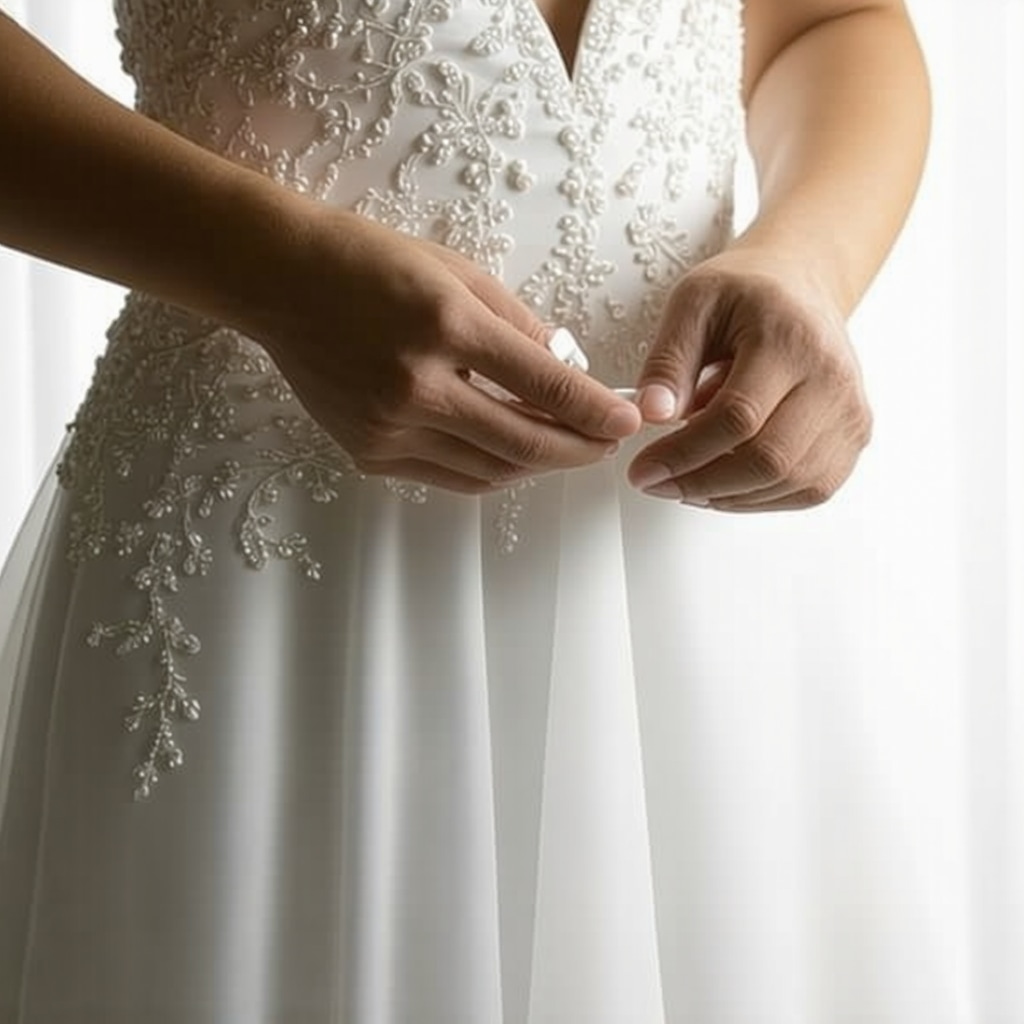 Close-up of nanotechnology coating application on delicate wedding dress fabric