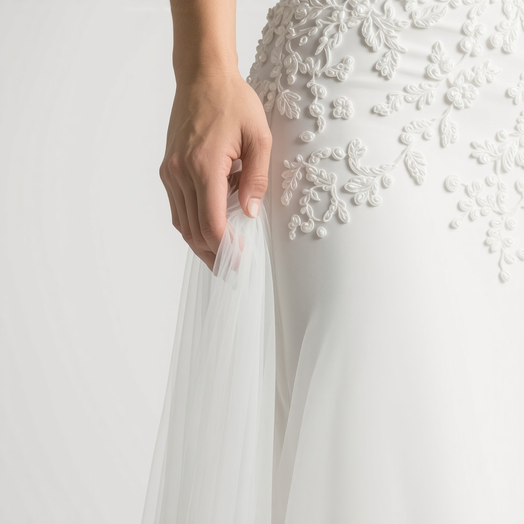 Close-up of wedding gown fabric receiving nanotechnology protective treatment in a preservation laboratory