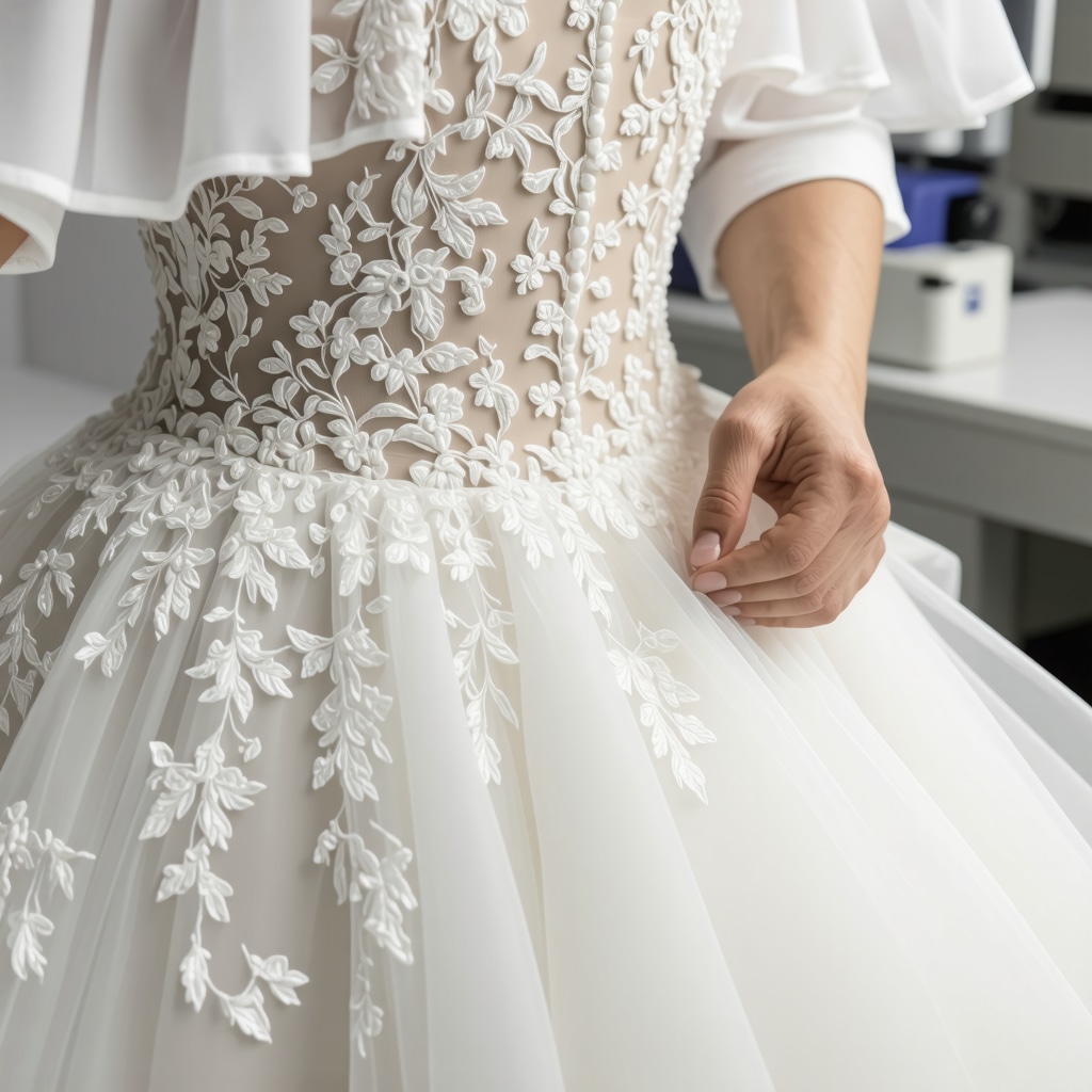Close-up of wedding gown fabric receiving nanotechnology-based protective treatment in a controlled lab environment