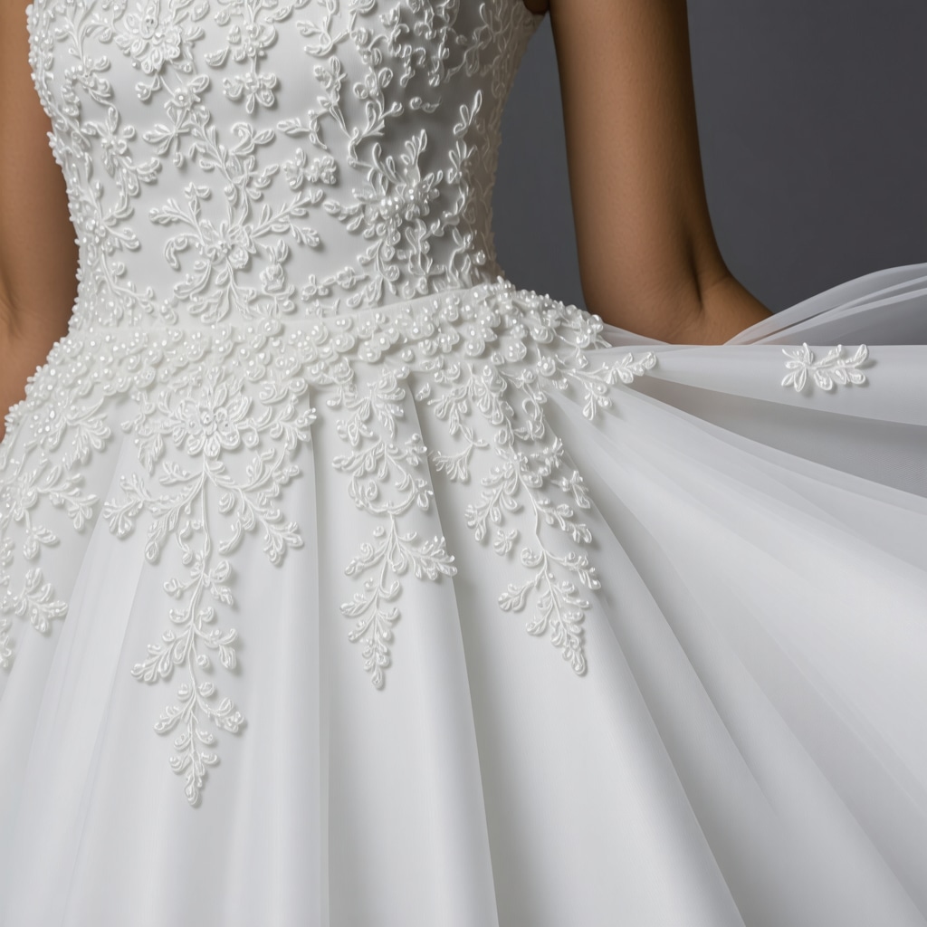 Close-up image showing nanotechnology protective coating on silk and lace wedding dress fabrics