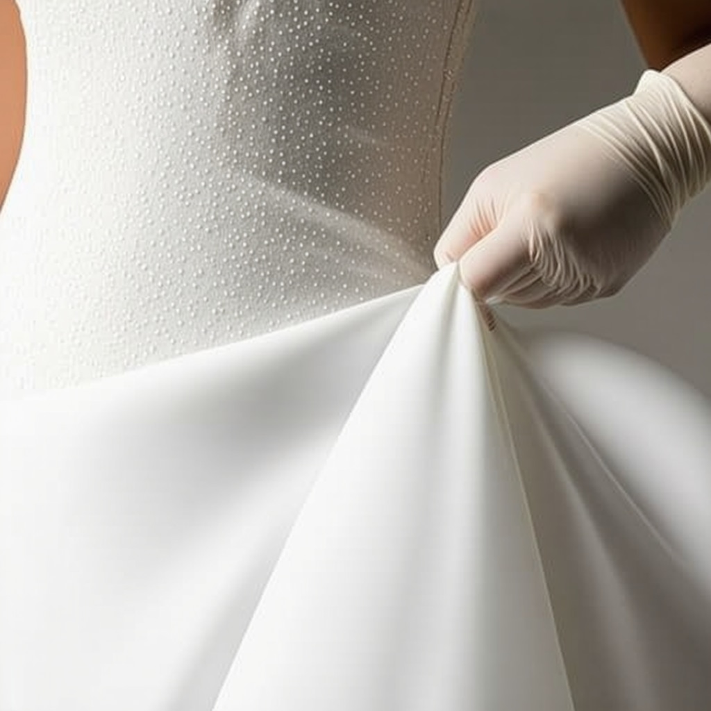 Close-up of wedding gown fabric receiving nanotech protective coating under natural light