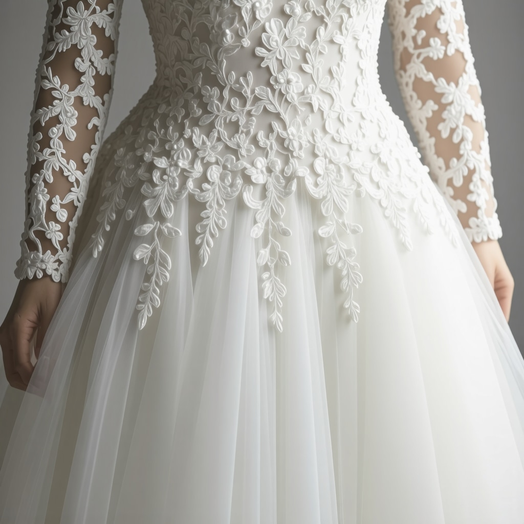 Close-up of vintage lace wedding dress being treated with nanotechnology in Tampa bridal care lab