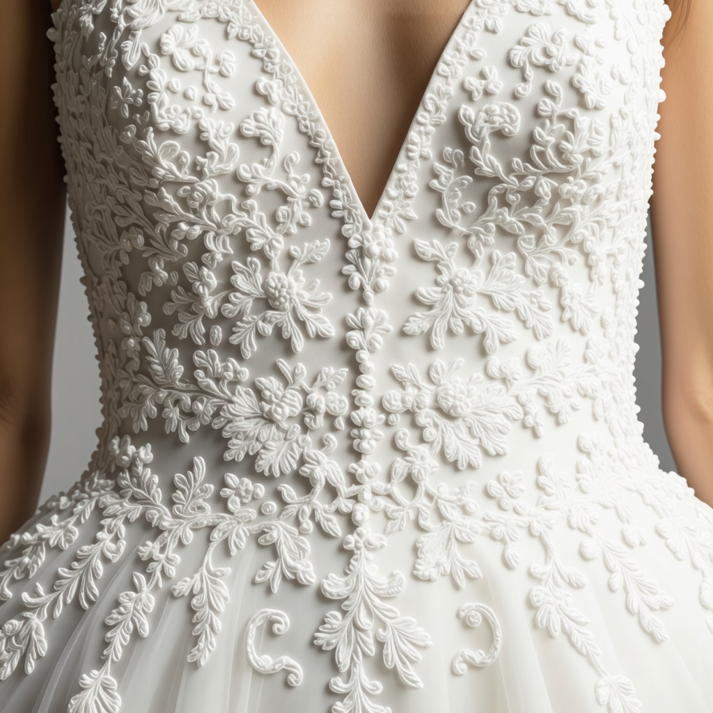 Microscopic view of wedding dress fibers with nanotechnology protective coating