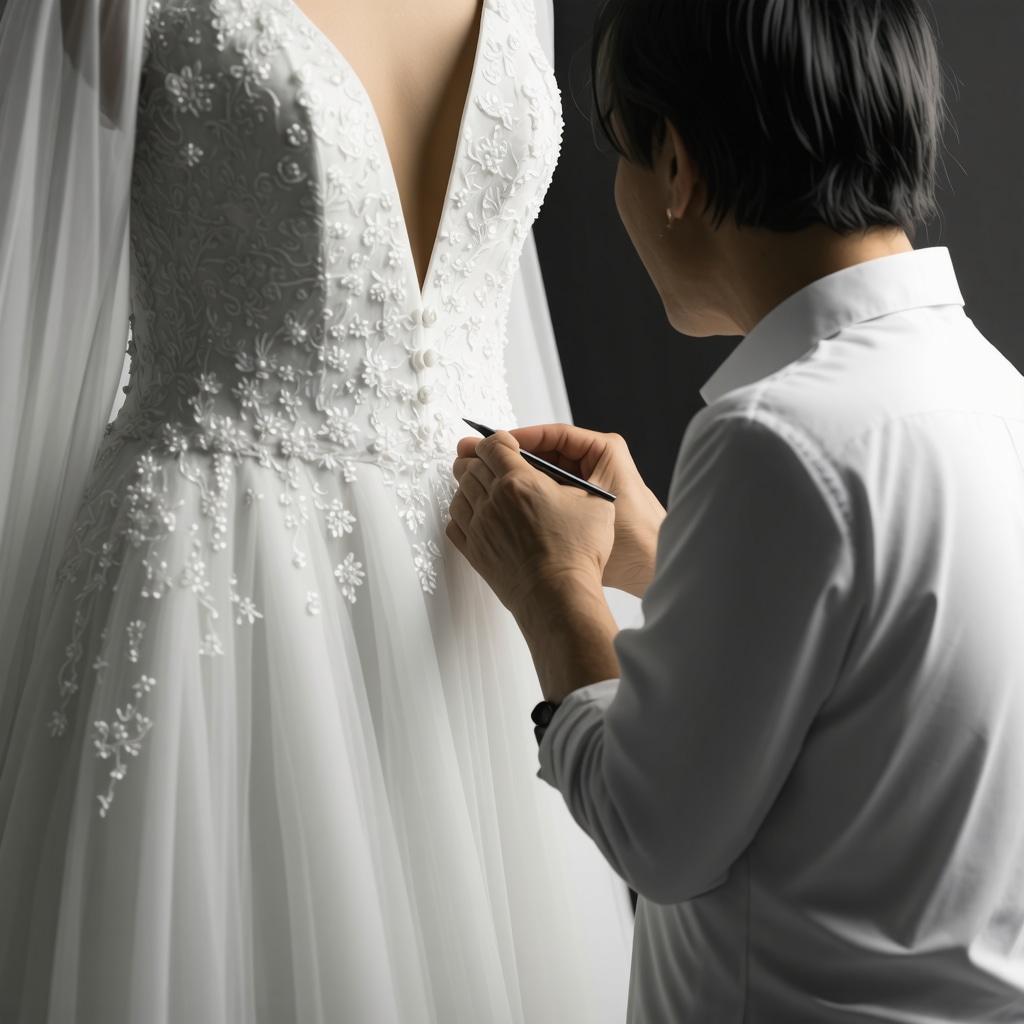 Technician applying nanotechnology protective coating on delicate wedding dress fabric