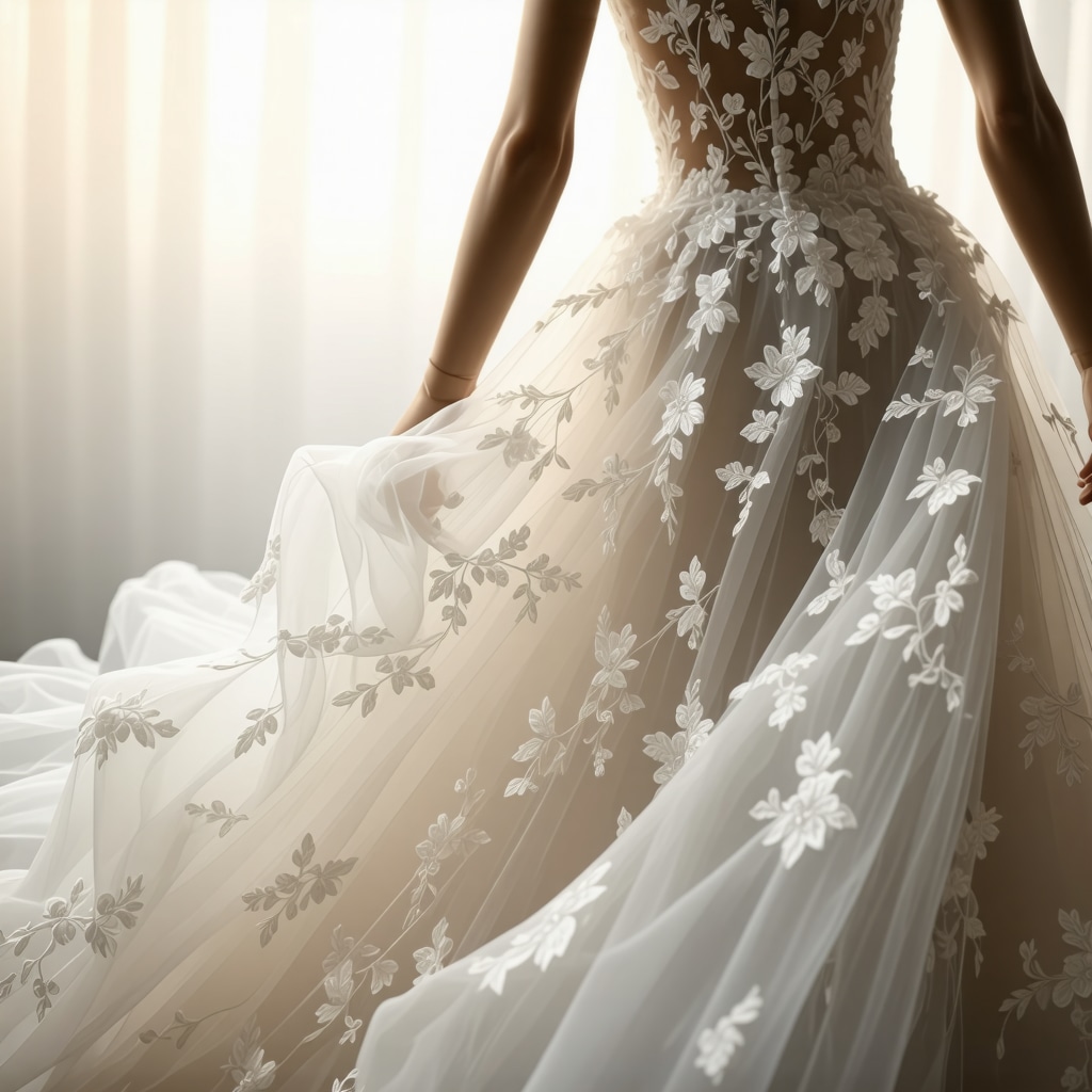 Close-up of wedding dress lace fabric with digital overlay showing UV-blocking nanotechnology protection