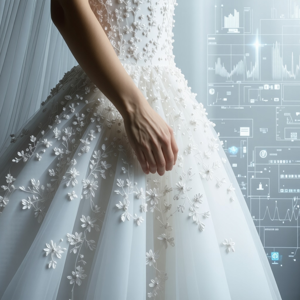 Microscopic view of wedding dress fabric with nanotech particles and AI data overlay