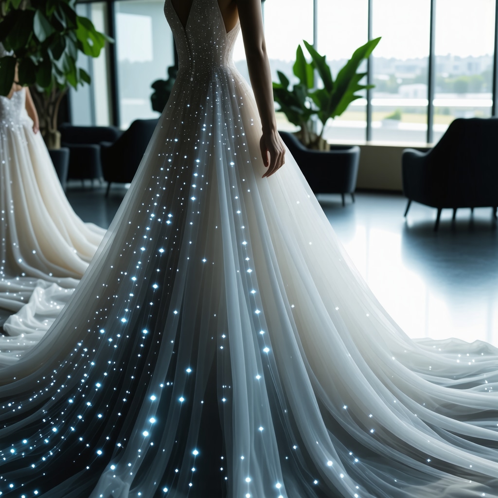 Futuristic wedding dress with nanotech coating and blockchain digital overlay in eco-friendly cleaning lab