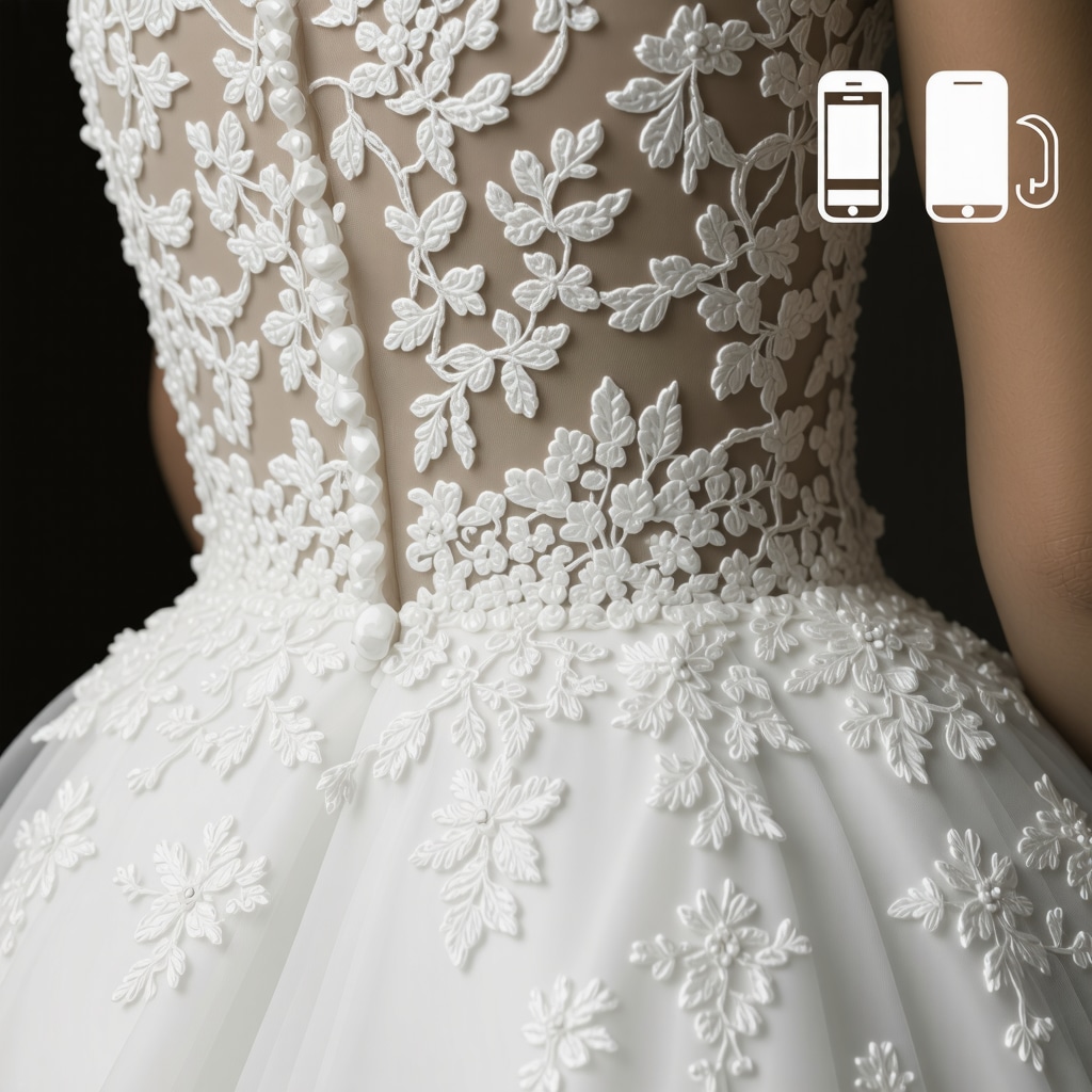 Microscopic view of lace fabric with nanotechnology coating and IoT monitoring icons
