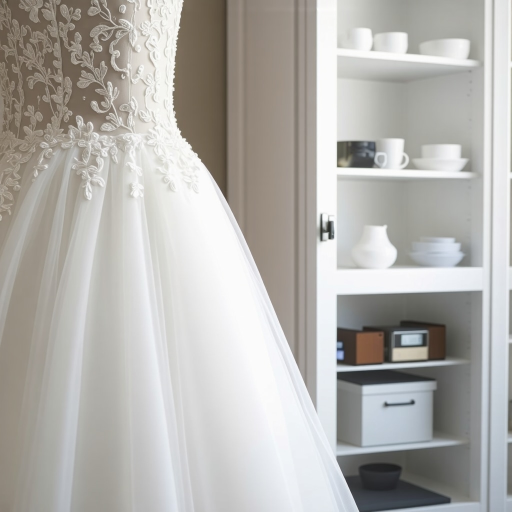Close-up of wedding dress fabric with nanocoating and climate-controlled storage unit for preservation