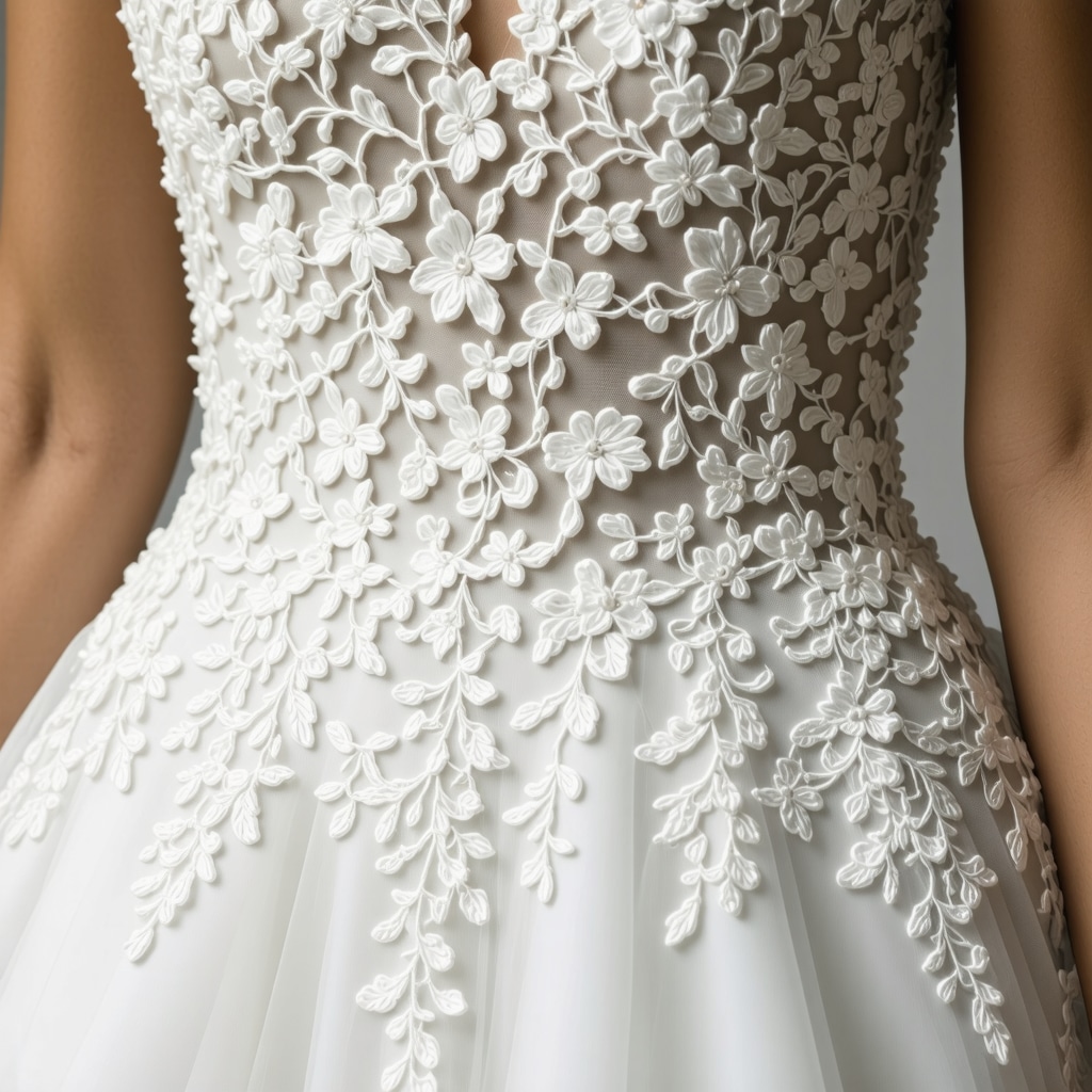 Close-up of delicate lace wedding dress fabric treated with nanotechnology-based protective coating in humid subtropical climate