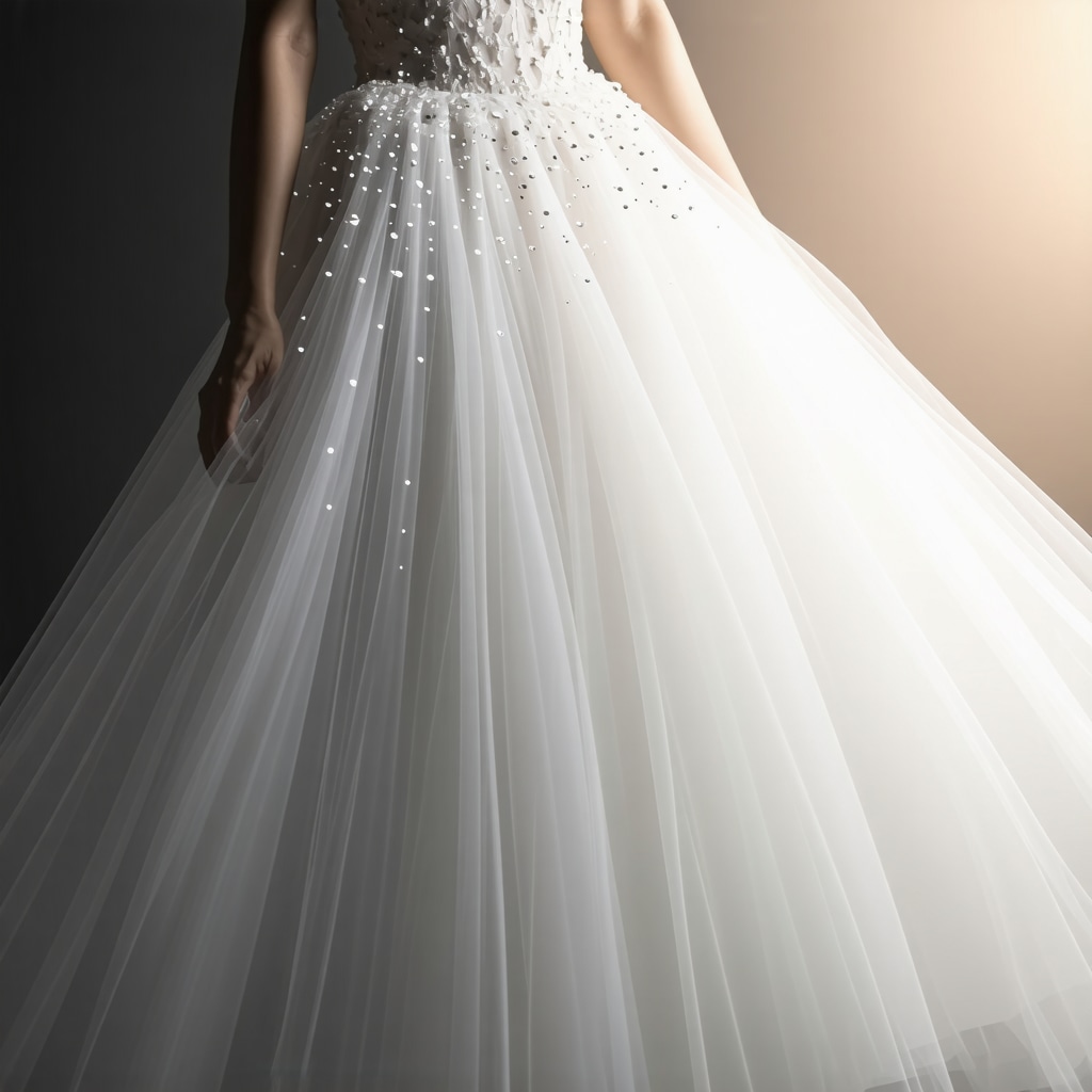 Close-up image of wedding gown fabric with nanocoating showing water beading