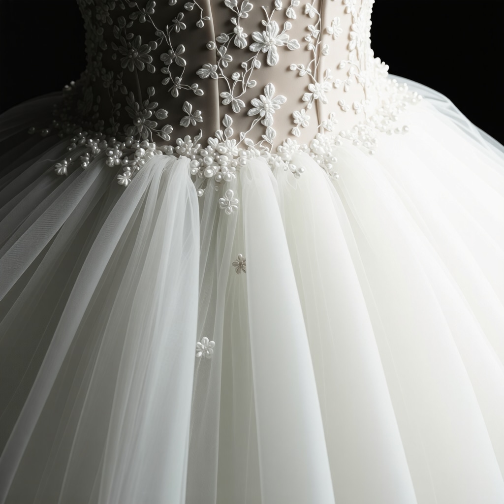 Microscopic view of wedding dress fabric with nanotechnology protective layer