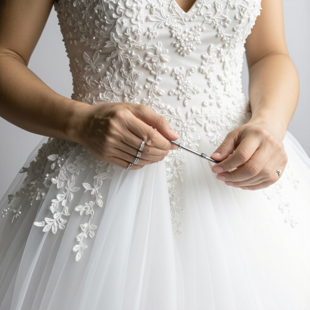 Close-up image showing delicate lace and beadwork on a wedding dress being meticulously cleaned with specialized tools.