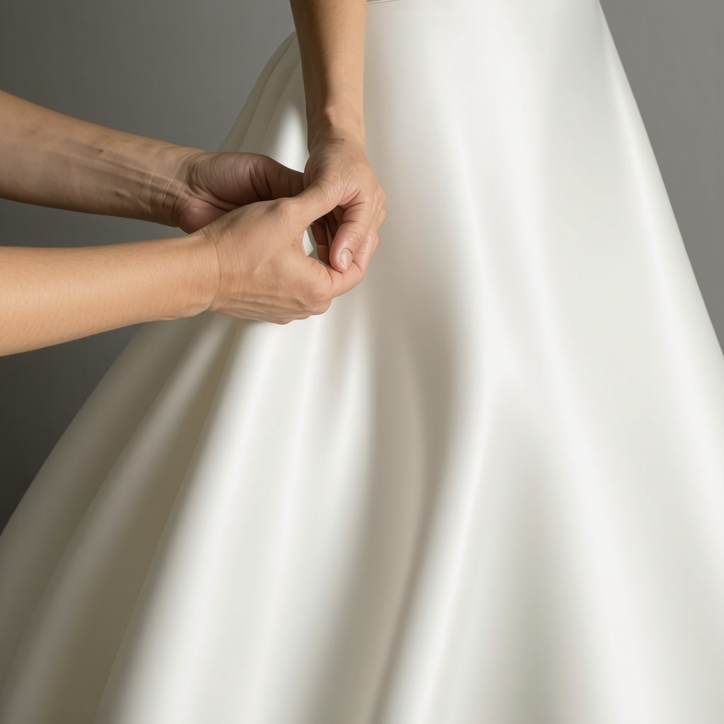 Close-up of satin wedding dress receiving eco-friendly stain treatment by expert cleaner in Tampa