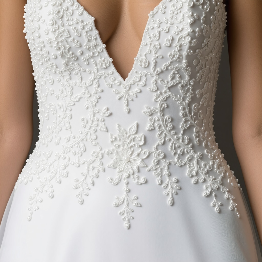 Close-up showing enzymatic cleaning treatment on a delicate silk wedding dress with lace and beadwork in Tampa