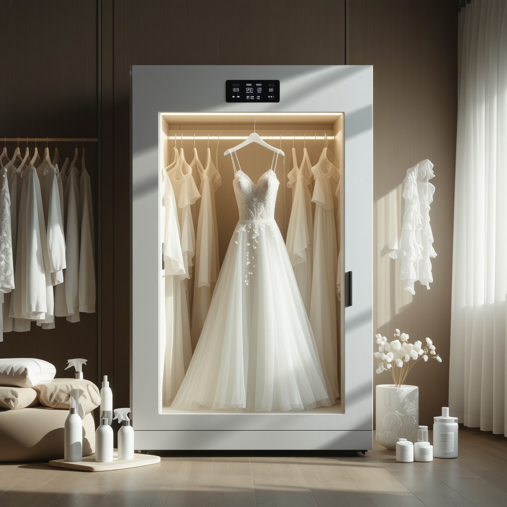 Smart climate-controlled bridal gown storage box with IoT sensors and eco-friendly cleaning supplies