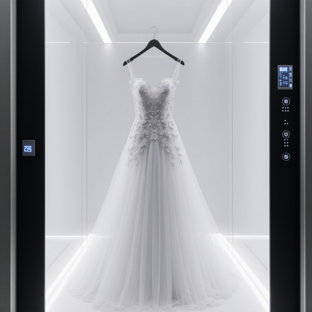 Advanced climate-controlled storage unit preserving a luxury wedding gown with sensors and digital displays
