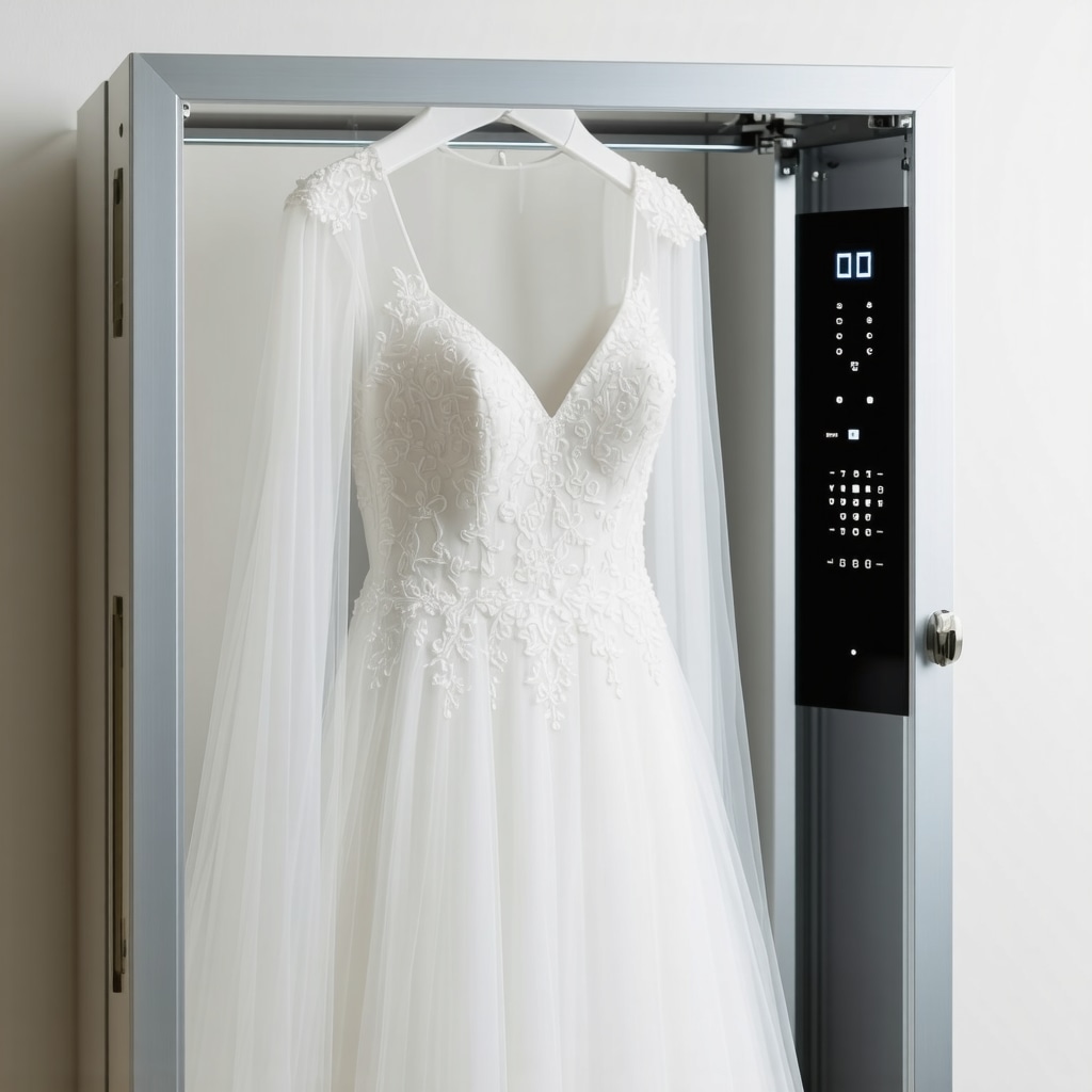 Wedding dress inside a smart climate-controlled preservation box with sensors