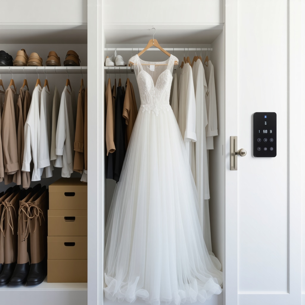 Smart climate-controlled closet preserving vintage wedding dress with sensors and eco-friendly storage