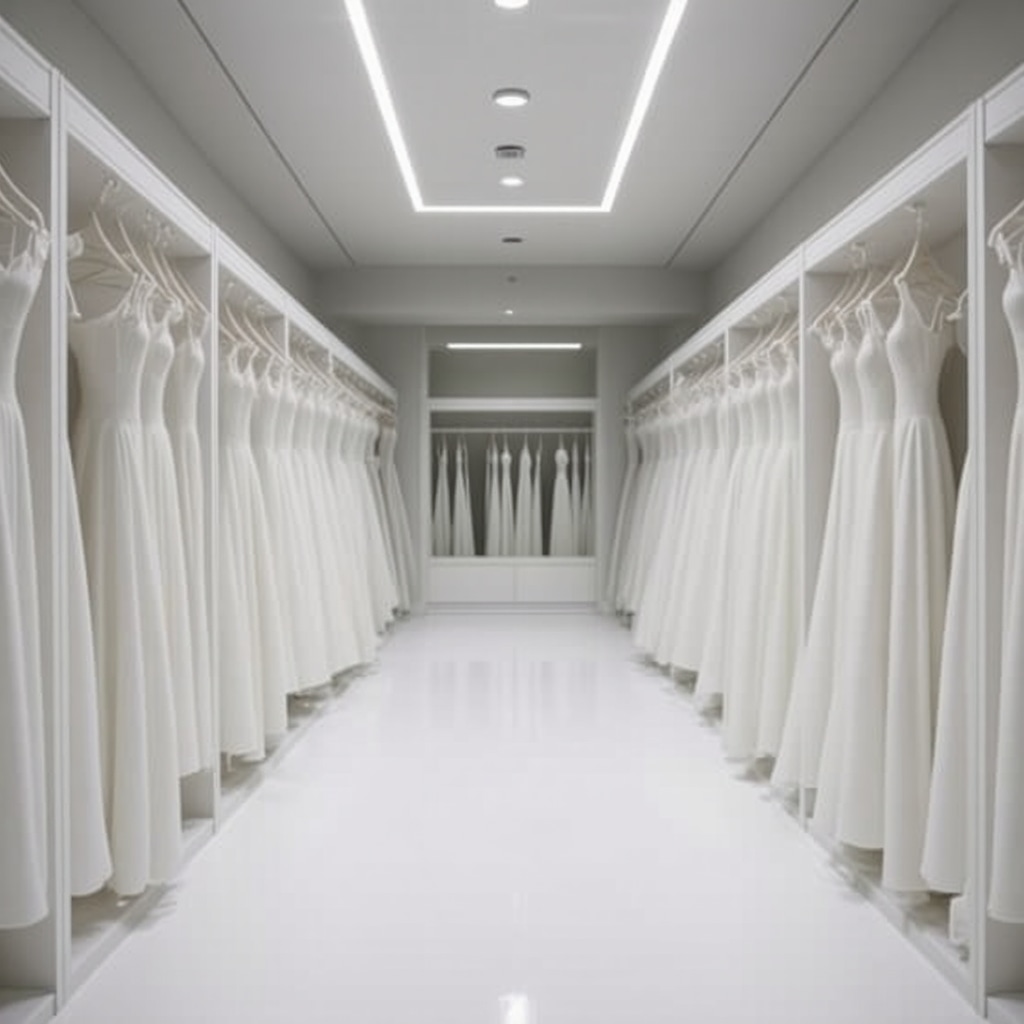 Climate-controlled storage room with wedding dresses and digital environmental sensors