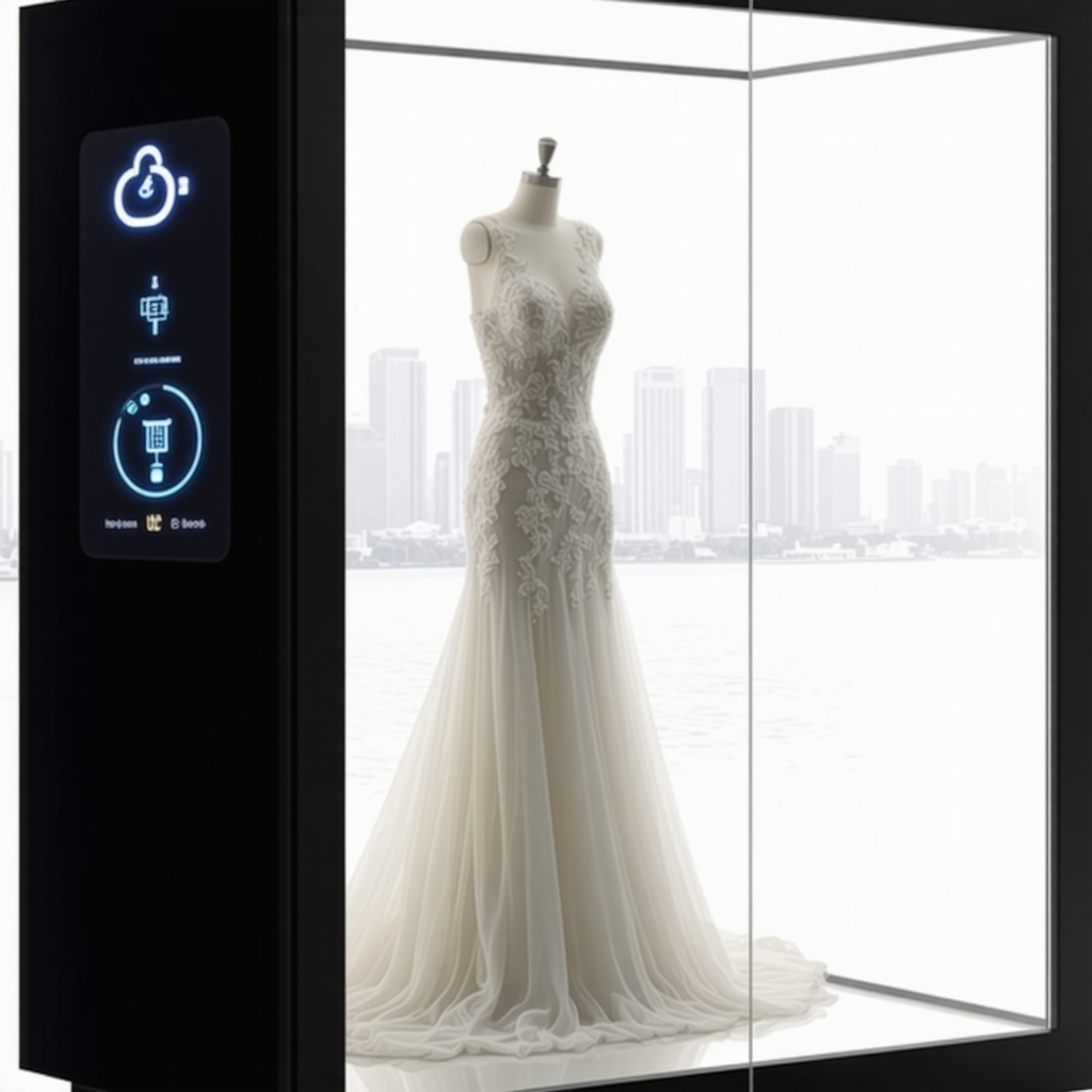 IoT-enabled wedding dress storage unit showing humidity and temperature monitoring with wedding gown inside and Tampa skyline