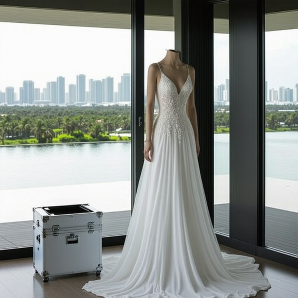 Illustration of a smart bridal gown storage box with IoT sensors and nanocoating technology protecting gown from Tampa climate