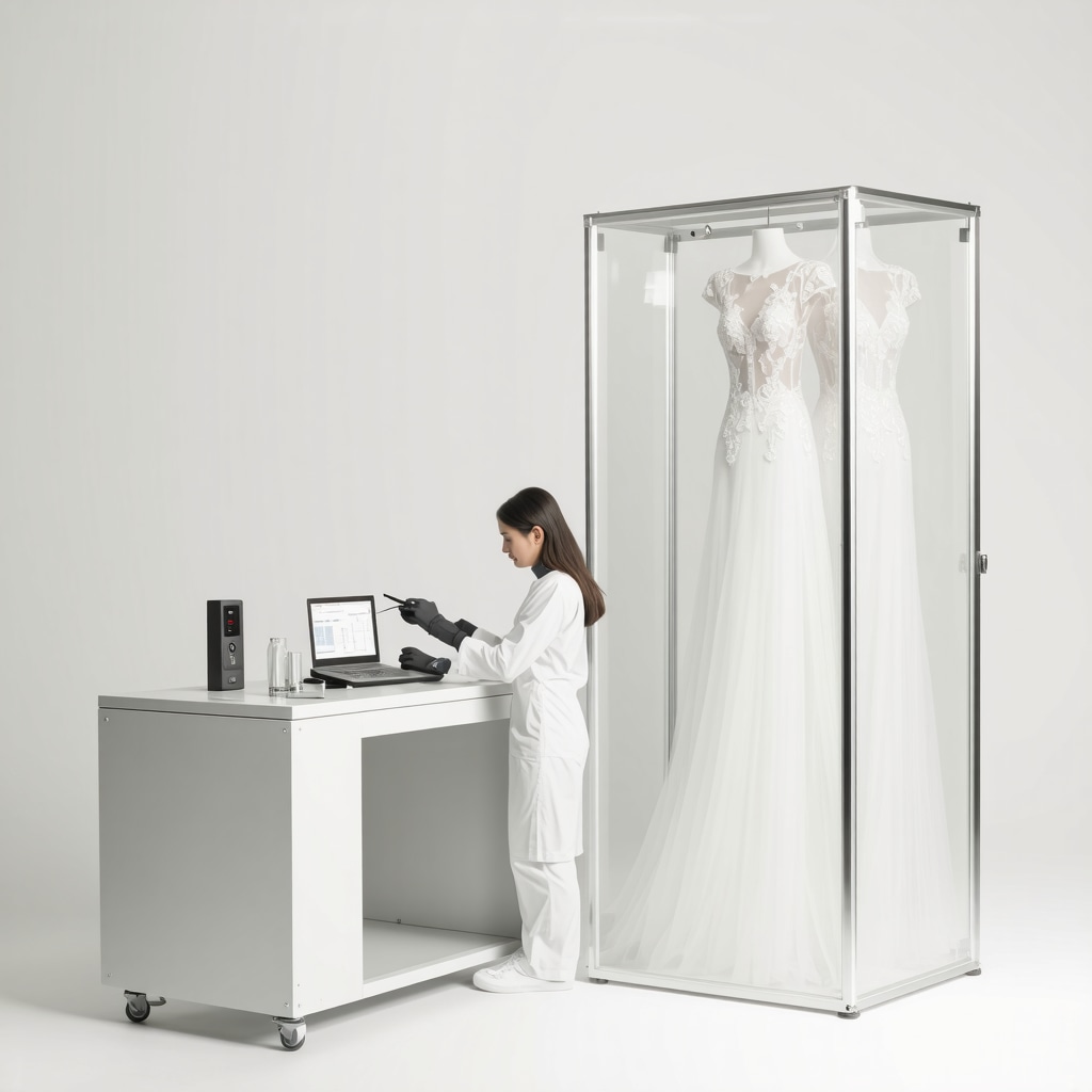IoT-enabled climate-controlled wedding dress storage boxes and nanotechnology cleaning equipment for delicate lace gown
