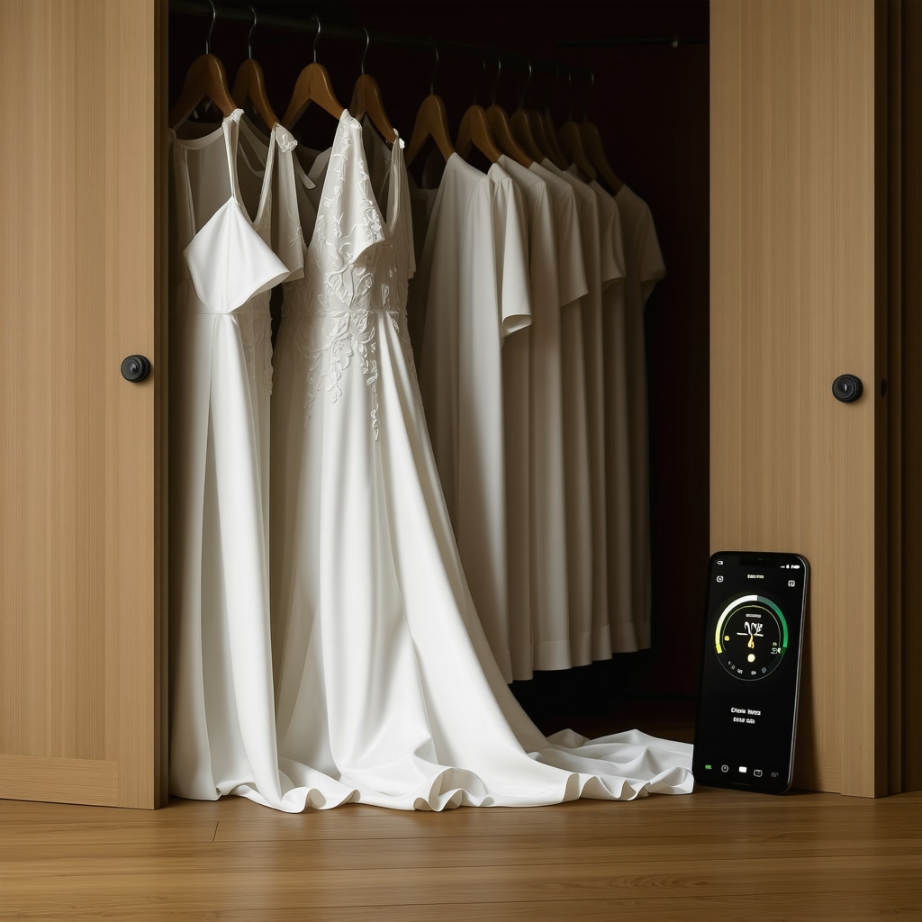 Wedding dress stored in eco-friendly bamboo fiber bag with embedded micro-sensors showing environmental data on smartphone