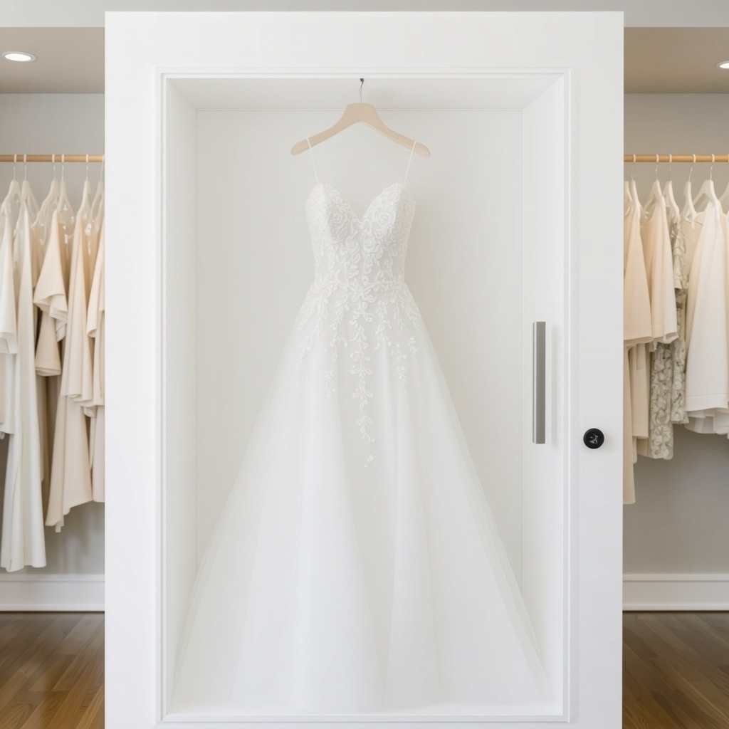 Smart wedding dress preservation box showing humidity and temperature sensors with smartphone app interface in Tampa bridal boutique
