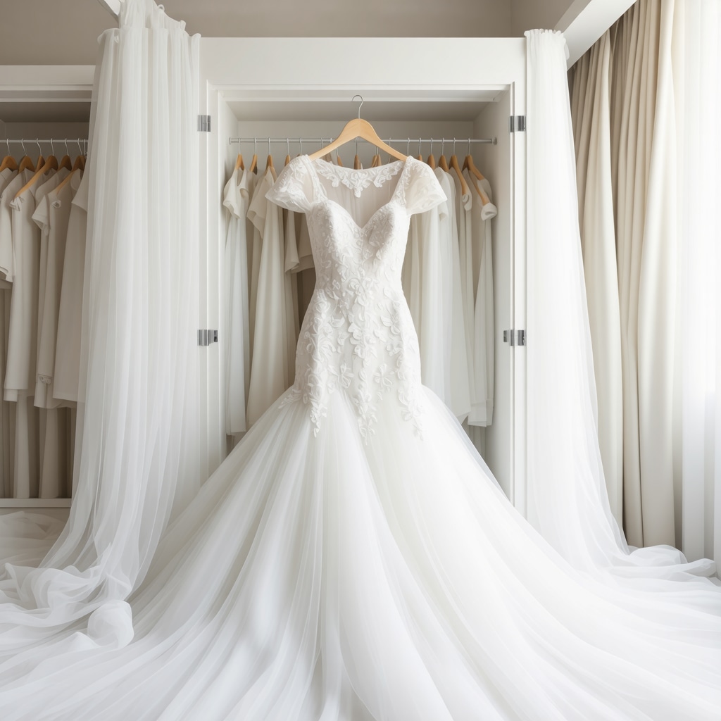Smart preservation box displaying humidity and temperature readings with delicate wedding gown fabrics inside