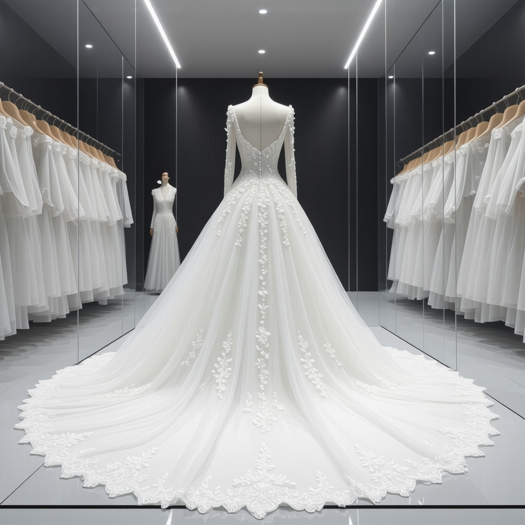 Wedding gown embedded with nano-sensors in a climate-controlled preservation chamber showcasing AI technology
