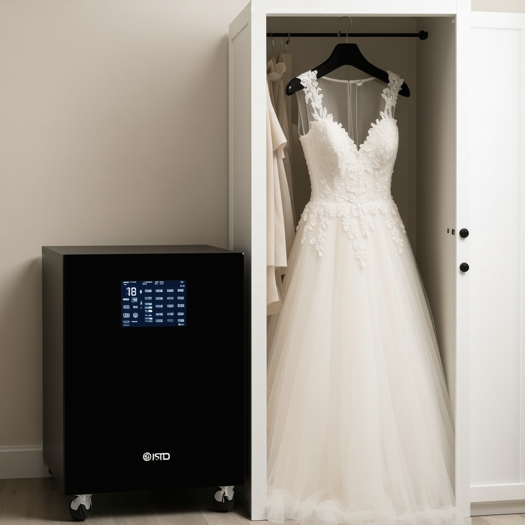 Climate-controlled storage box with digital sensors preserving a delicate satin and lace wedding dress