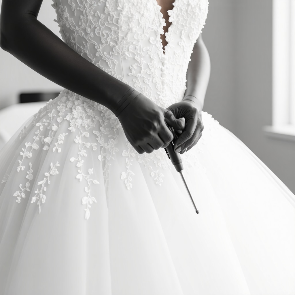 Technicians using plasma cleaning technology on a delicate lace wedding dress in a Tampa cleaning lab