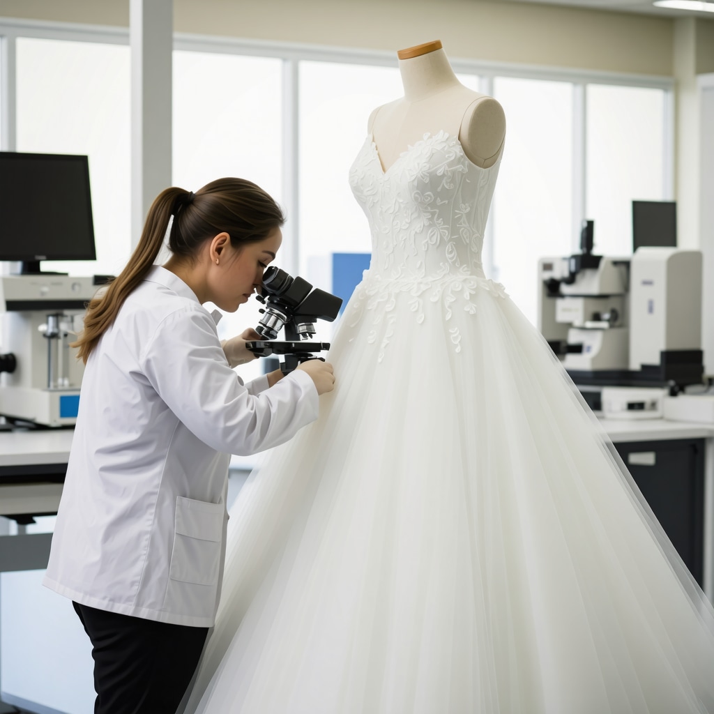 Bridal gown specialist analyzing couture wedding dress fibers in a lab with eco-friendly tools